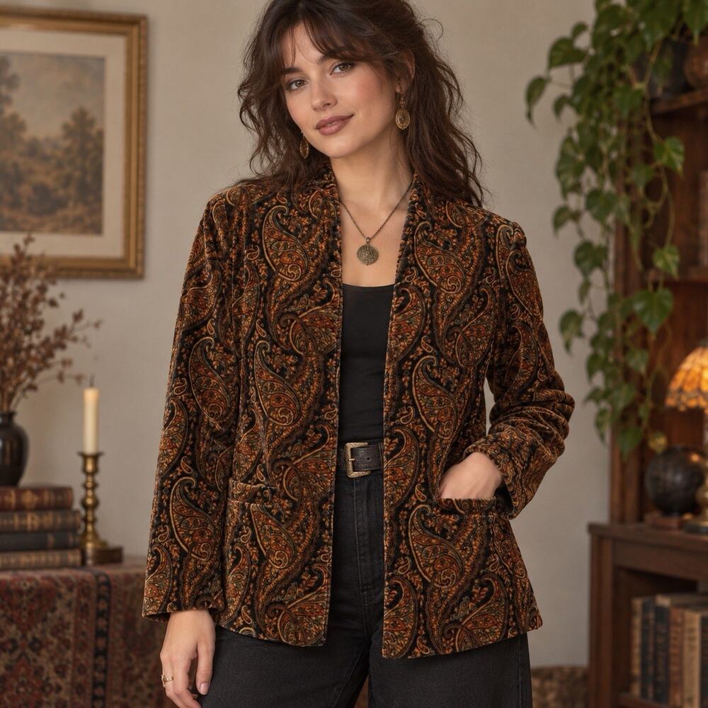 Vintage Paisley Velvet Blazer Chocolate Brown Black Whimsigoth Boho 90s Jacket L
